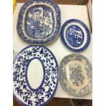 4 Meat Plates, blue and white transfer pattern