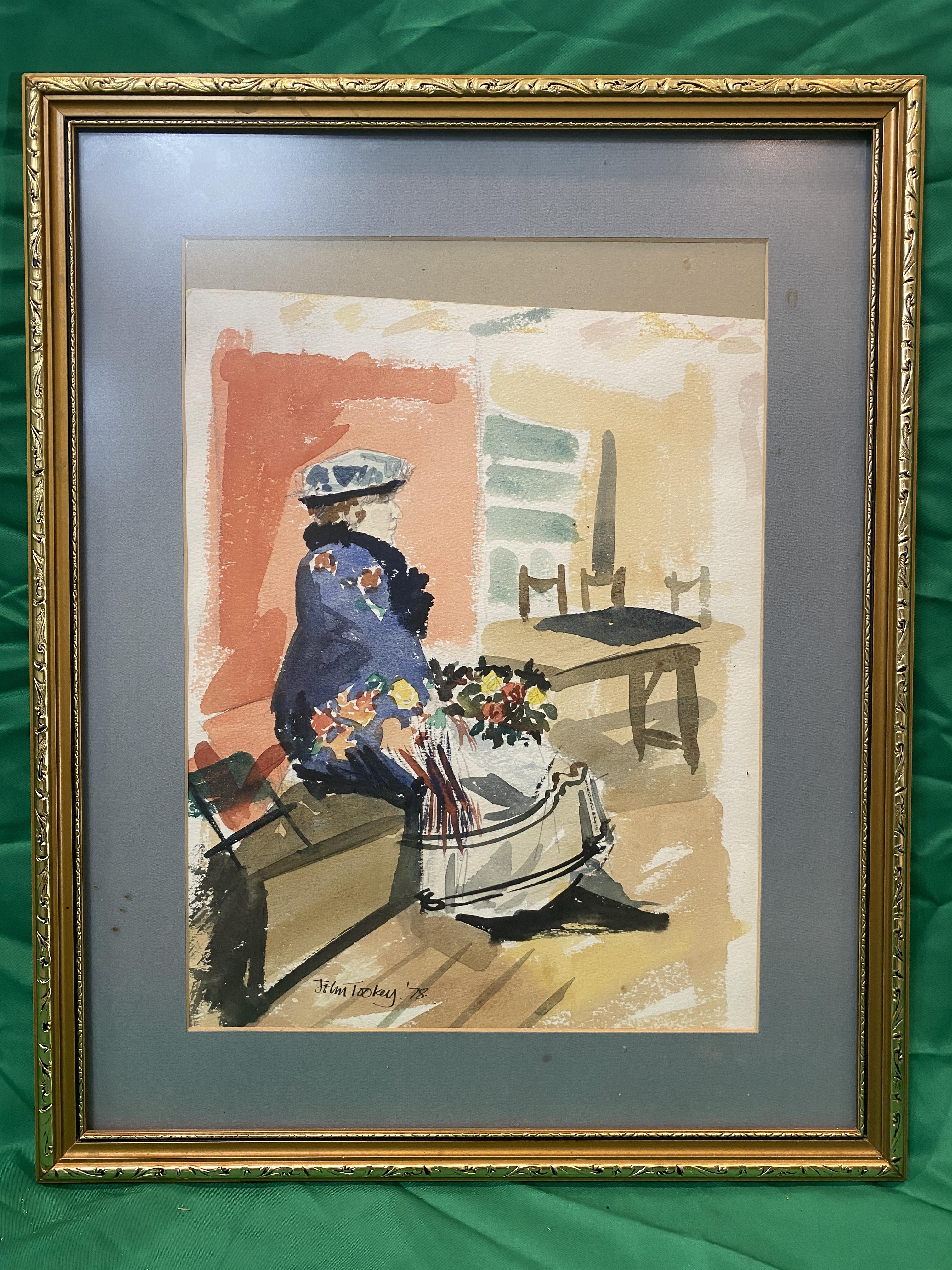 John Tookey watercolour of a flowerseller. signed lower left.