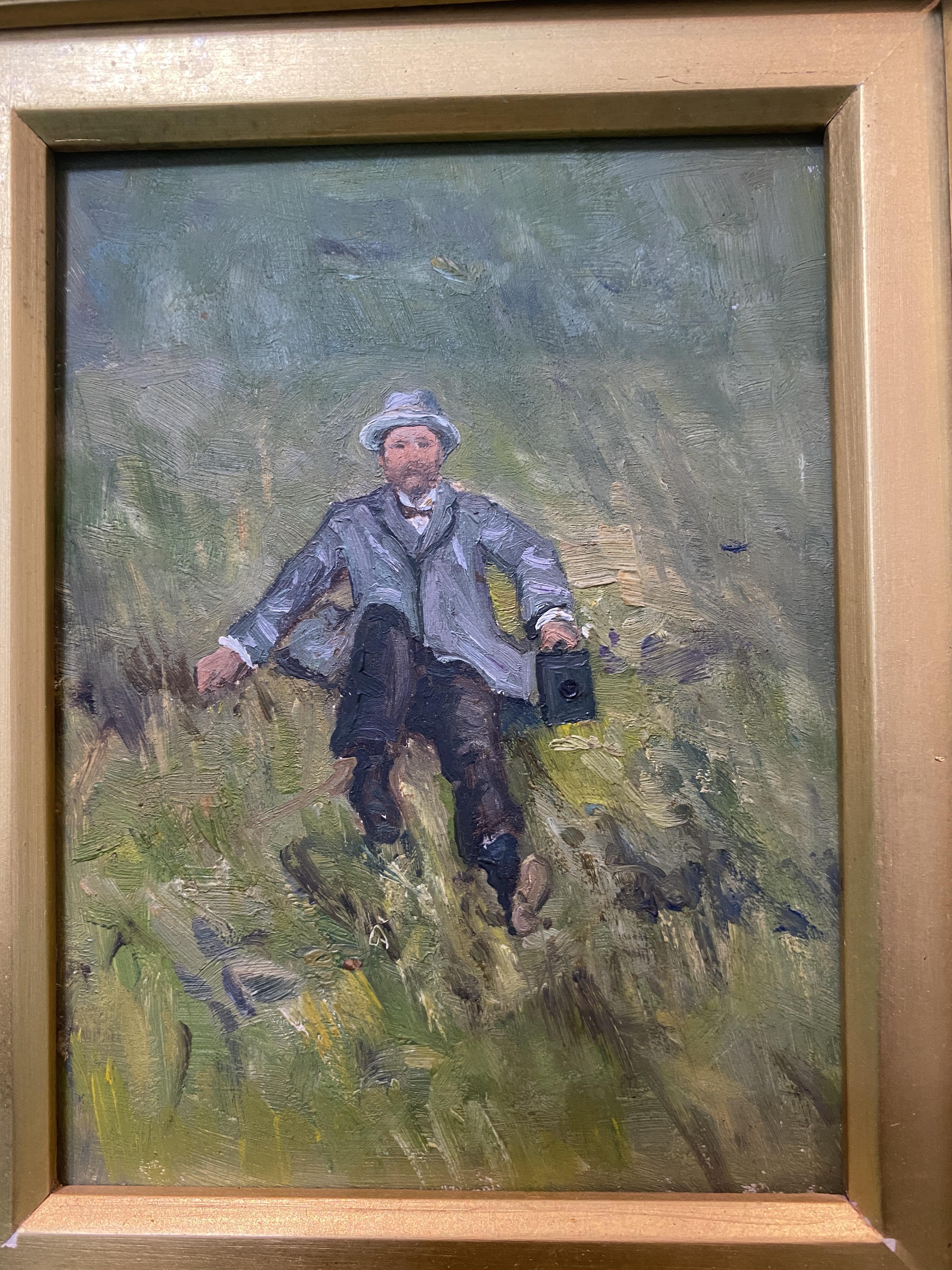 Miniature oil on board of a dressed gentleman in hat sitting on the grass - Image 4 of 4