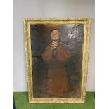 Large 19th c oil on Canvas of a Monk in red robe with his hands interlocked.