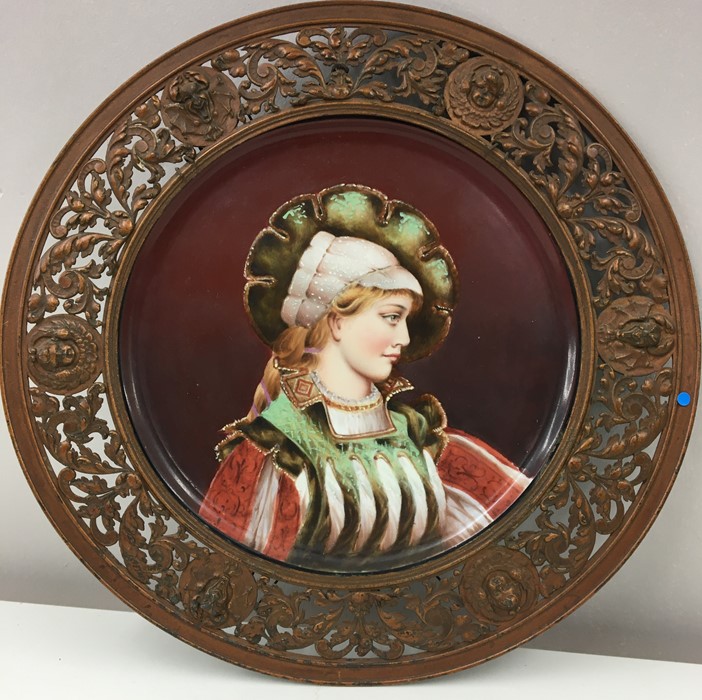 19th C Continental painted ceramic plaque portrait of woman in ornate filigree metal surround. - Image 2 of 4