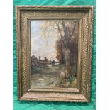 19th c Oil on canvas of farm scene and horse by crossing. signed lower left.