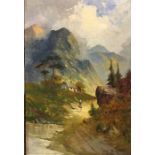 W Richards oil on canvas of woman by cottage in mountains.