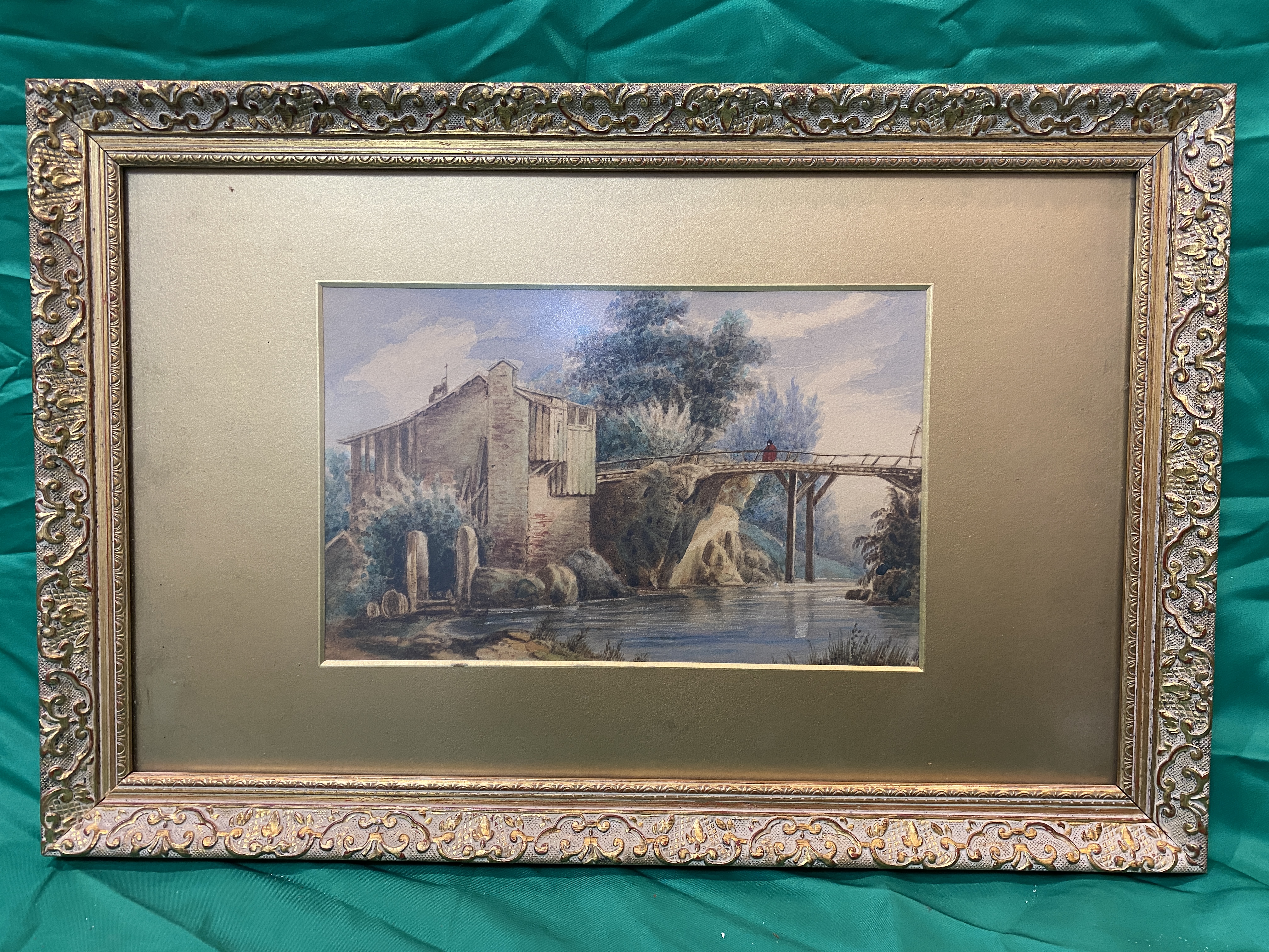 Italian scene watercolour of man on bridge, unsigned.