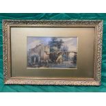 Italian scene watercolour of man on bridge, unsigned.