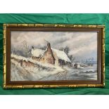 19th c oil on canvas of a Winter scene of lake by cottage monogrammed M.S.