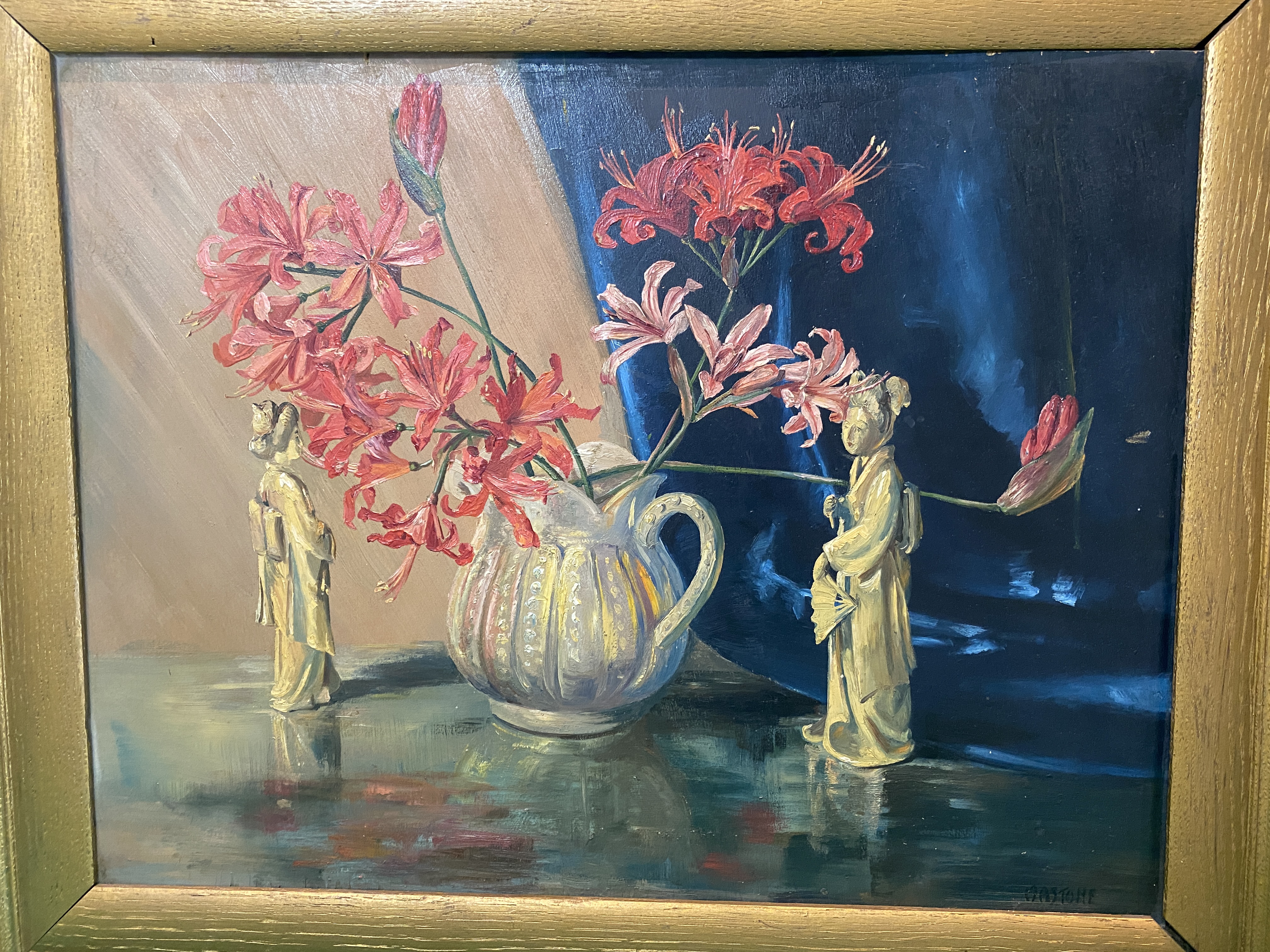 Detailed still life of flowers and ivory carvings of women., signed Masone lower right. - Image 2 of 6
