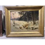 R Mcneill large oil on canvas of sheep in winter scene. signed lower left.