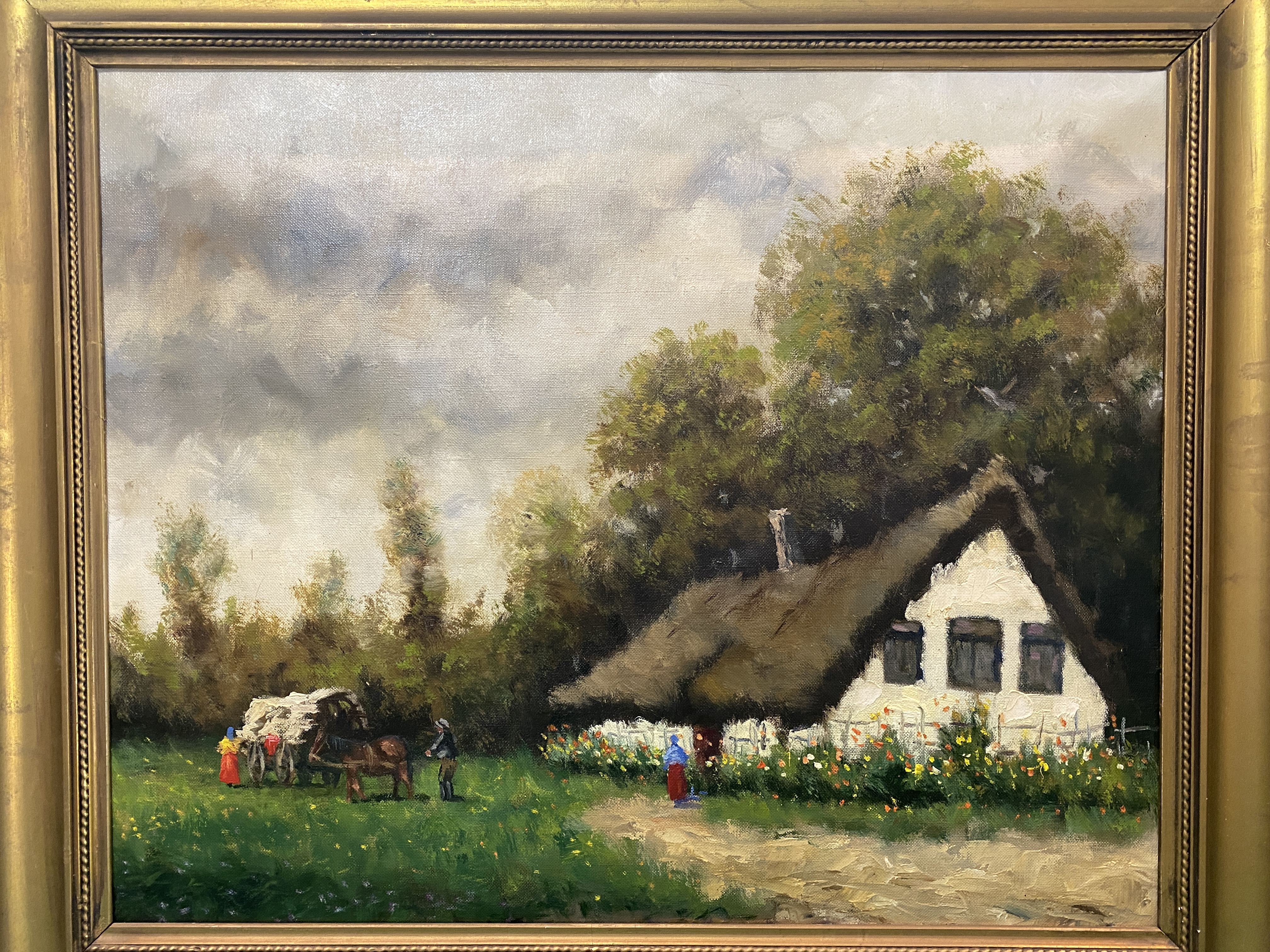 Oil on Board of cart by a rural cottage. - Image 2 of 4