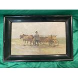 Hungarian oil on board of man and haycart, signed