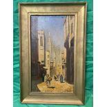 Framed19th c Persian scene with minaret and street scene.