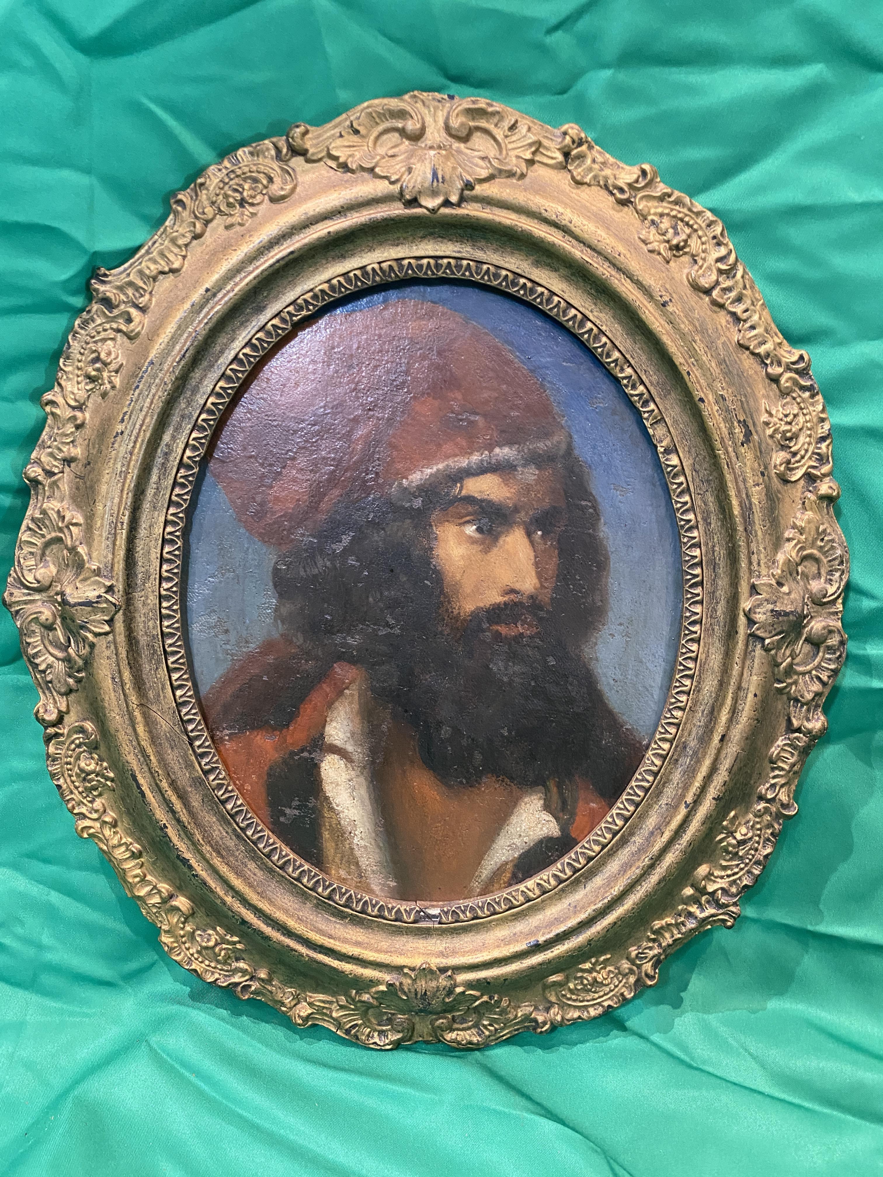 19th c Hungarian oil of Bearded man in red hat, in gilt oval frame. - Image 2 of 4