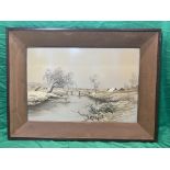 Finely embroidered silk picture of winter scene with bridge.