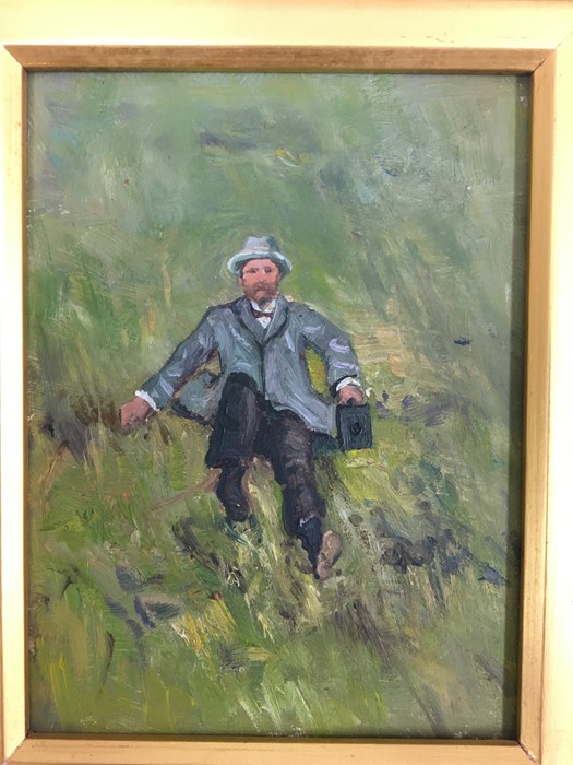 Miniature oil on board of a dressed gentleman in hat sitting on the grass - Image 2 of 4