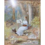Edwardian era watercolour of woman painting by a riverside with dog and a man behind a tree.