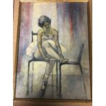 M Wieland oil on board of a ballerina tieing her shoes