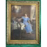 Hungarian watercolour of woman seated with dog on chair.