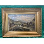 19th C Oil on canvas of country scene with dirttrack, house and river, unsigned.