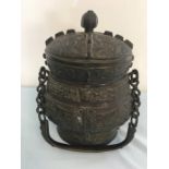 Archaic Bronze Qing Dynasty ceremonial wine vessel (You) and lid. decorated with Taotie masks and wi