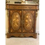 Early 20th C Louis XVI style marble topped marquetry cabinet. H 102cm x W 95 cm x D 39cm. Some damag
