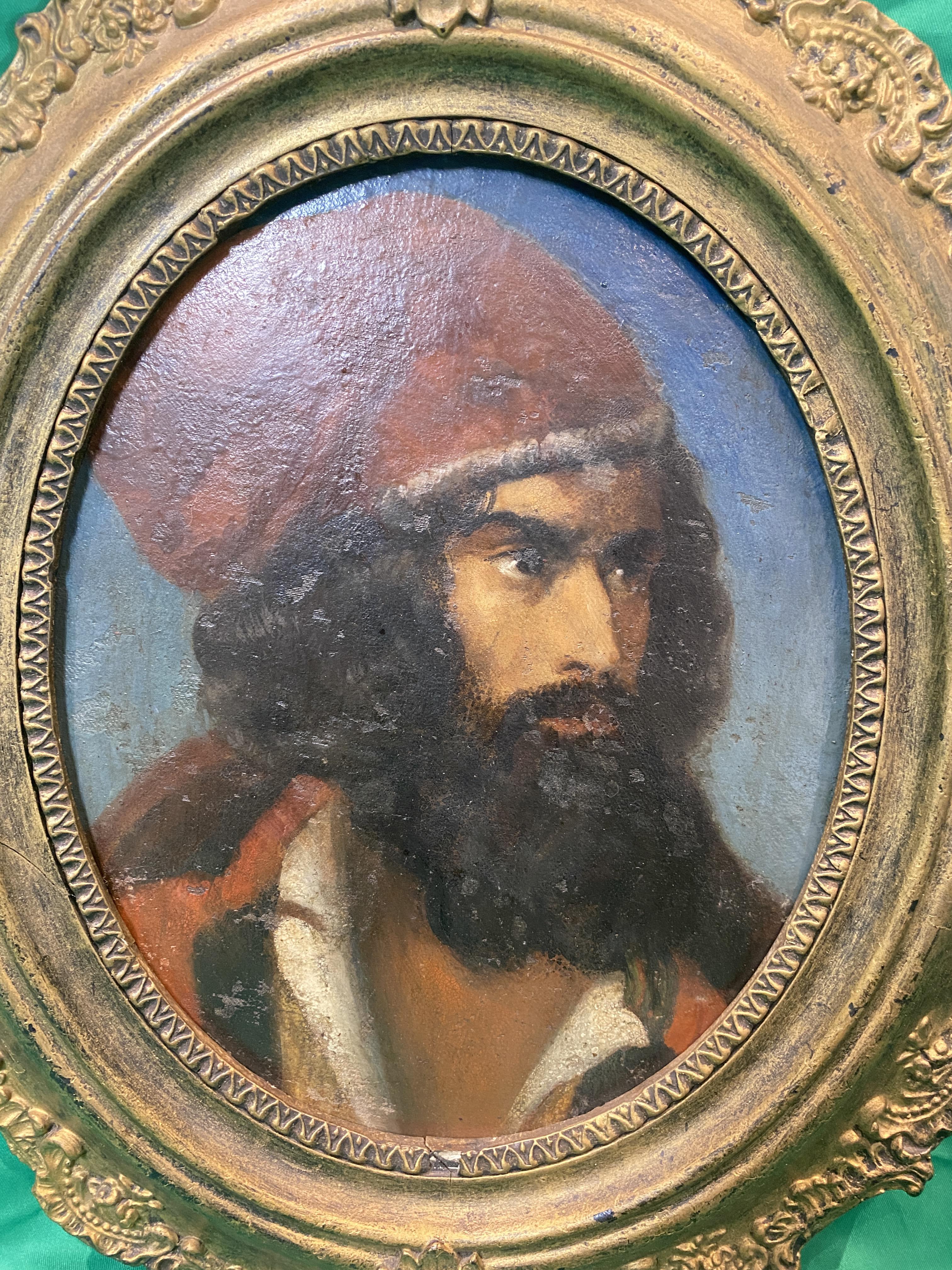 19th c Hungarian oil of Bearded man in red hat, in gilt oval frame. - Image 3 of 4