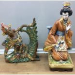 Oriental carved wood dancer, and Japanese geisha A/F.