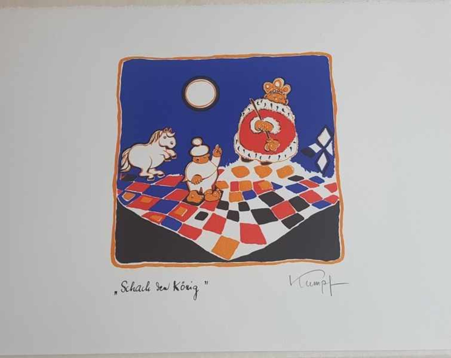 Gottfried Kumpf , Schach dem König , Farblithographie , signiert , 1986 , Größe: 38x28cm , <
