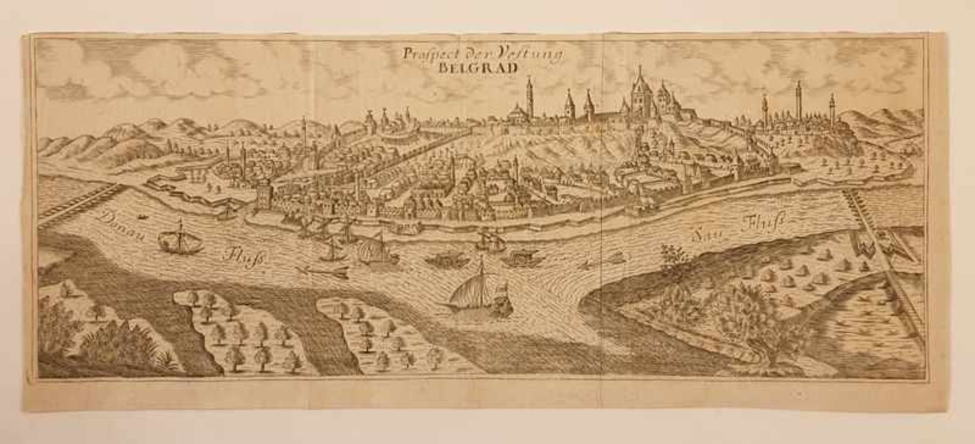 Prospect der Festung Belgrad, 18. Jahrhundert, Kupferstich, Größe: ca. 38,5 x 16cm<b