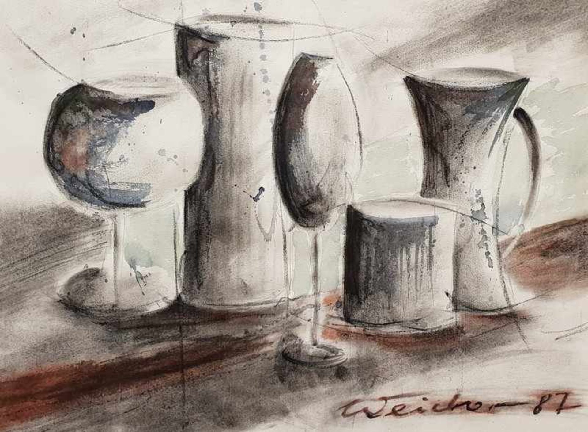 Stilleben mit Krügen und Gläsern, Aquarell auf Papier, signiert: Weidner (19)87,<b