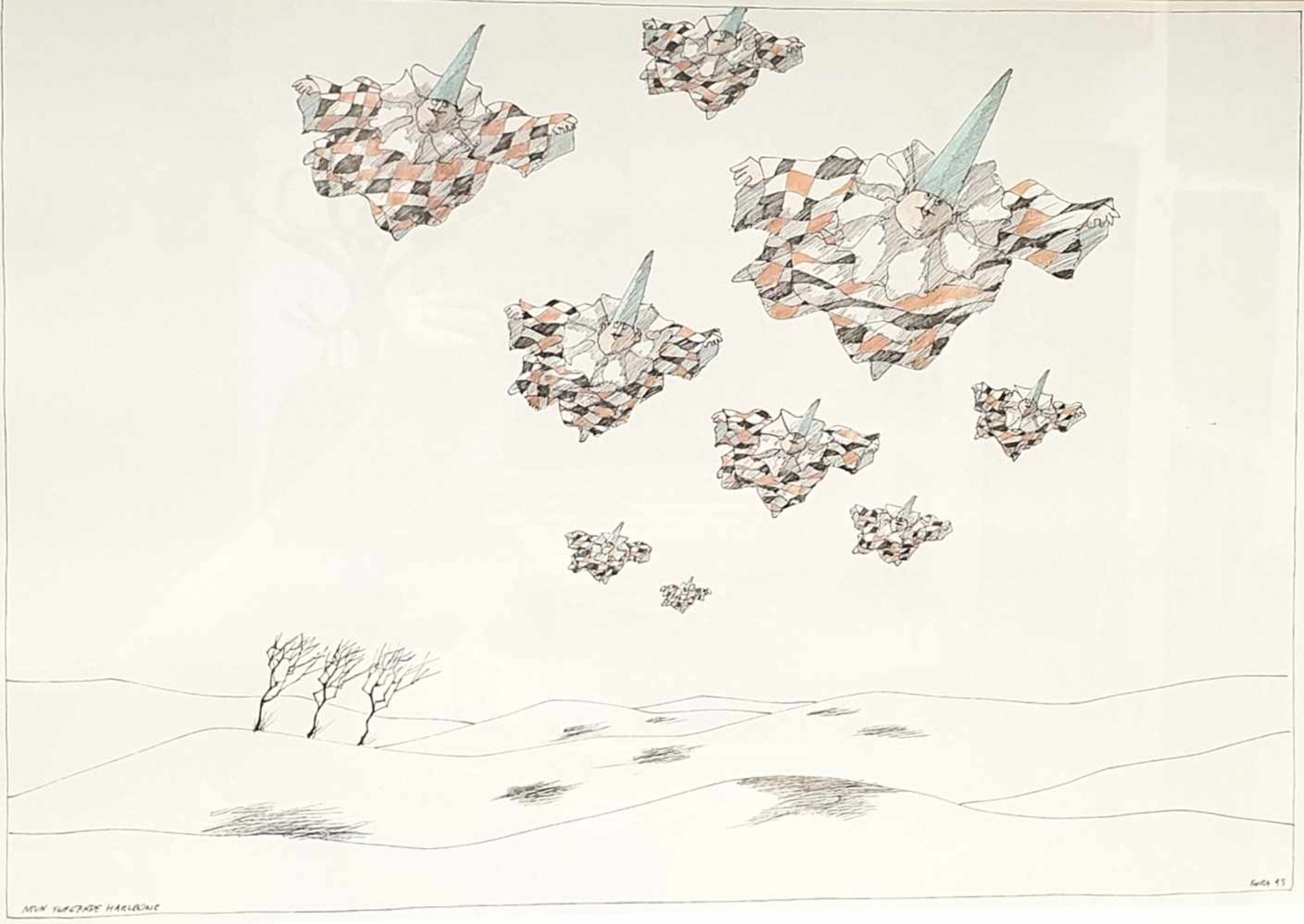 Paul Flora,(1926-2009) Lithographie , Neun Fliegende Harlekine, Signiert :Flora 93,