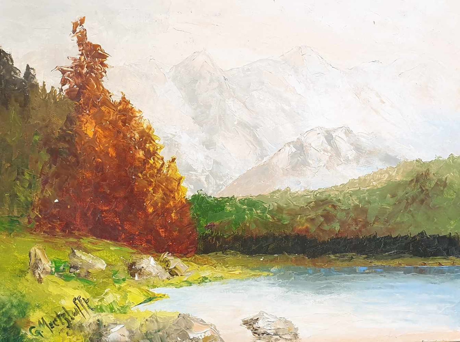 Herbstlandschaft am Seeufer, Öl auf Malkarton , Signiert: G. Mertzluft , Größe: 40x30cm ,unngerahmt