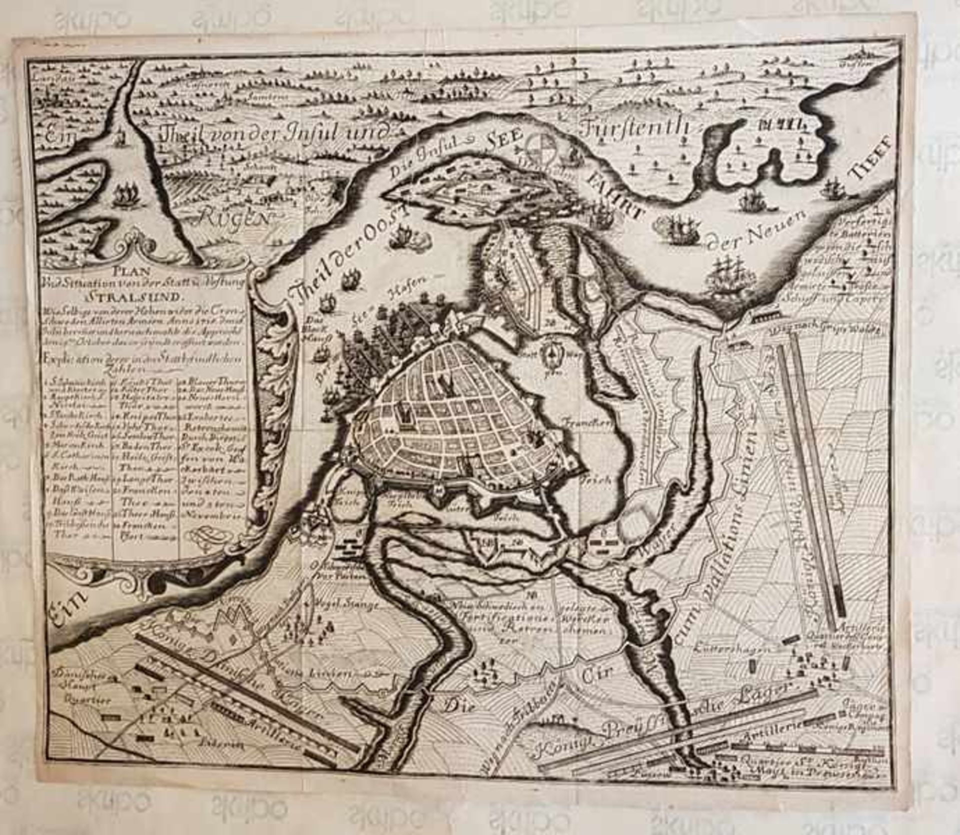 Plan und Situation von der Stadt u. Vestung Stralsund , 18.Jahrhundert ,Kupferstich, Größe: 40,2 x