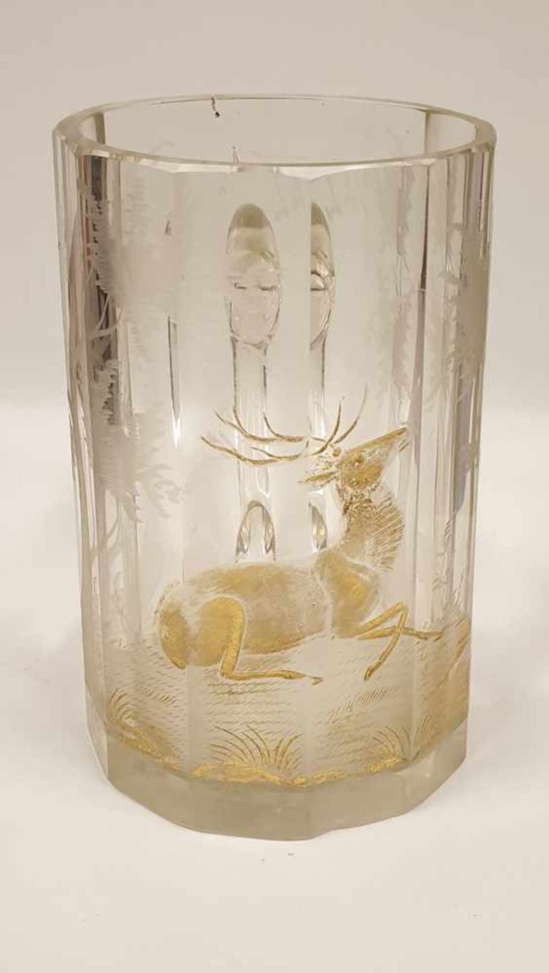 Bierkrug, Glas geschliffen und vergoldet, 19.Jahrhundert, Höhe: 13,5cm ,abgerieben , kleinere