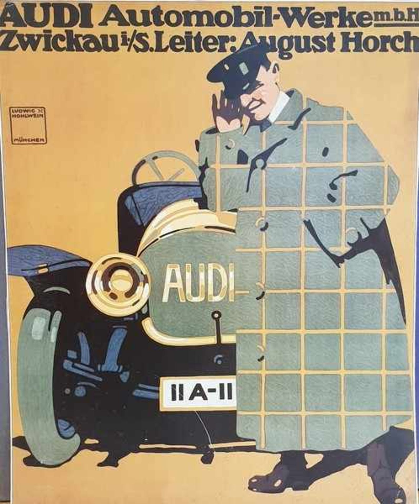 Audi Automobil- Werke m.b.H Zwickau, frühe Plakat Reproduktion, teilweise beschädigt und beschmutzt,