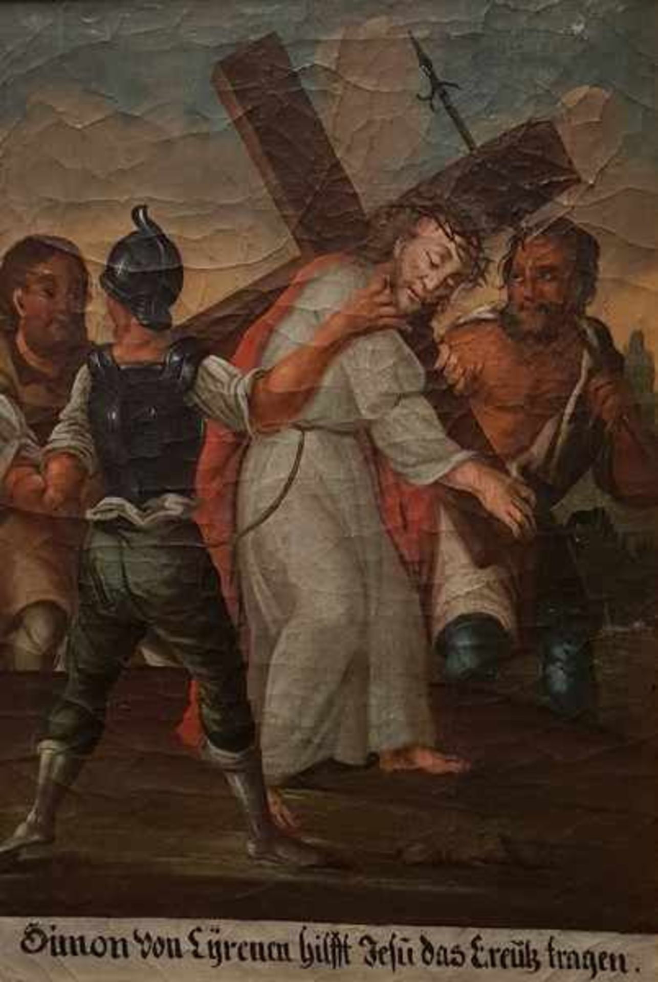 Kreuzwegstation " Simon von Cyrene hilft Jesus das Kreuz tragen", Öl auf Leinwand, 19 Jh, Maße: