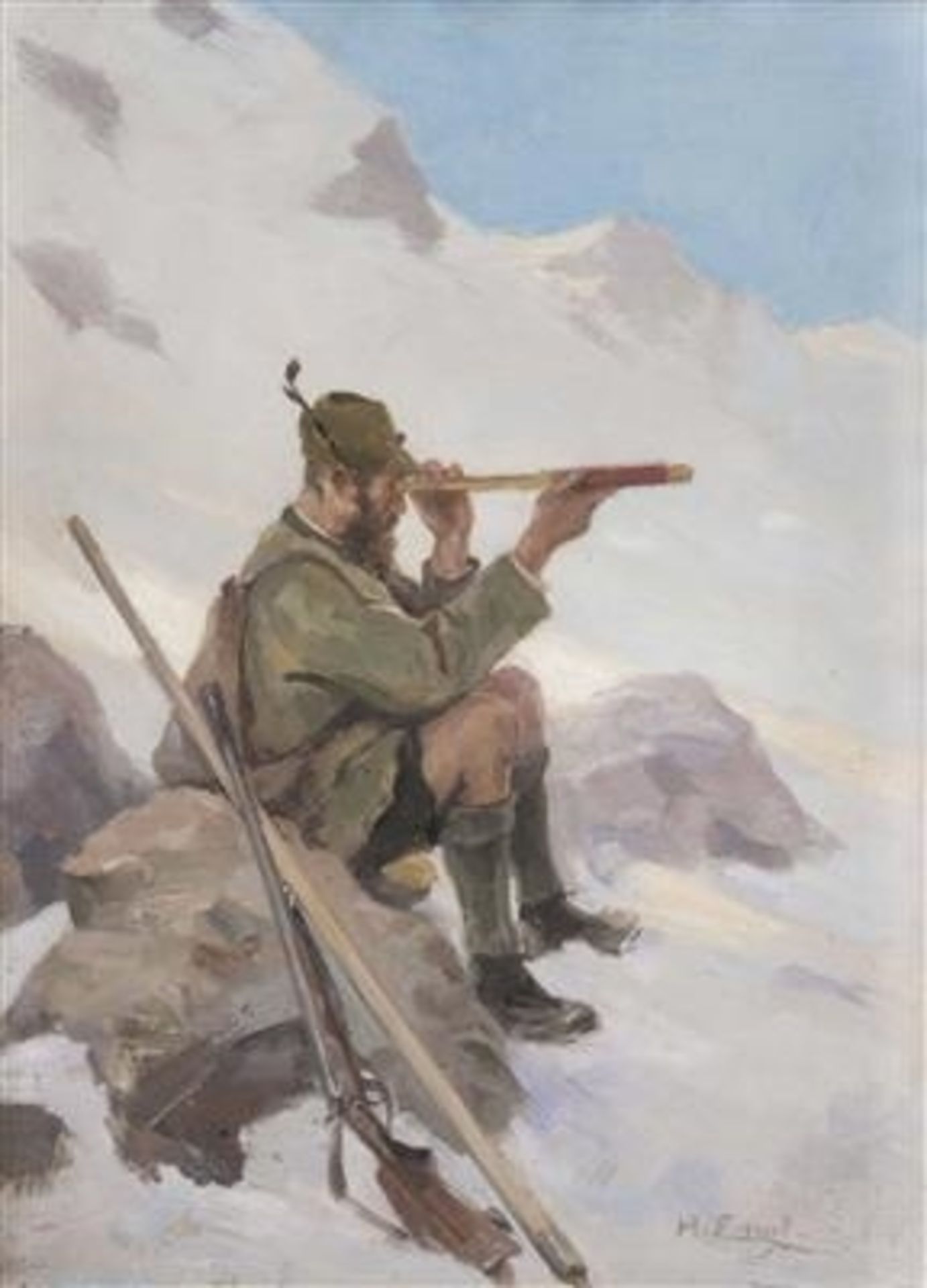 Hugo Engl, (Lienz1852-1926 Silz/Tirol) , Jäger mit Fernrohr im Hochgebirge, Öl auf Holzplatte, ca.