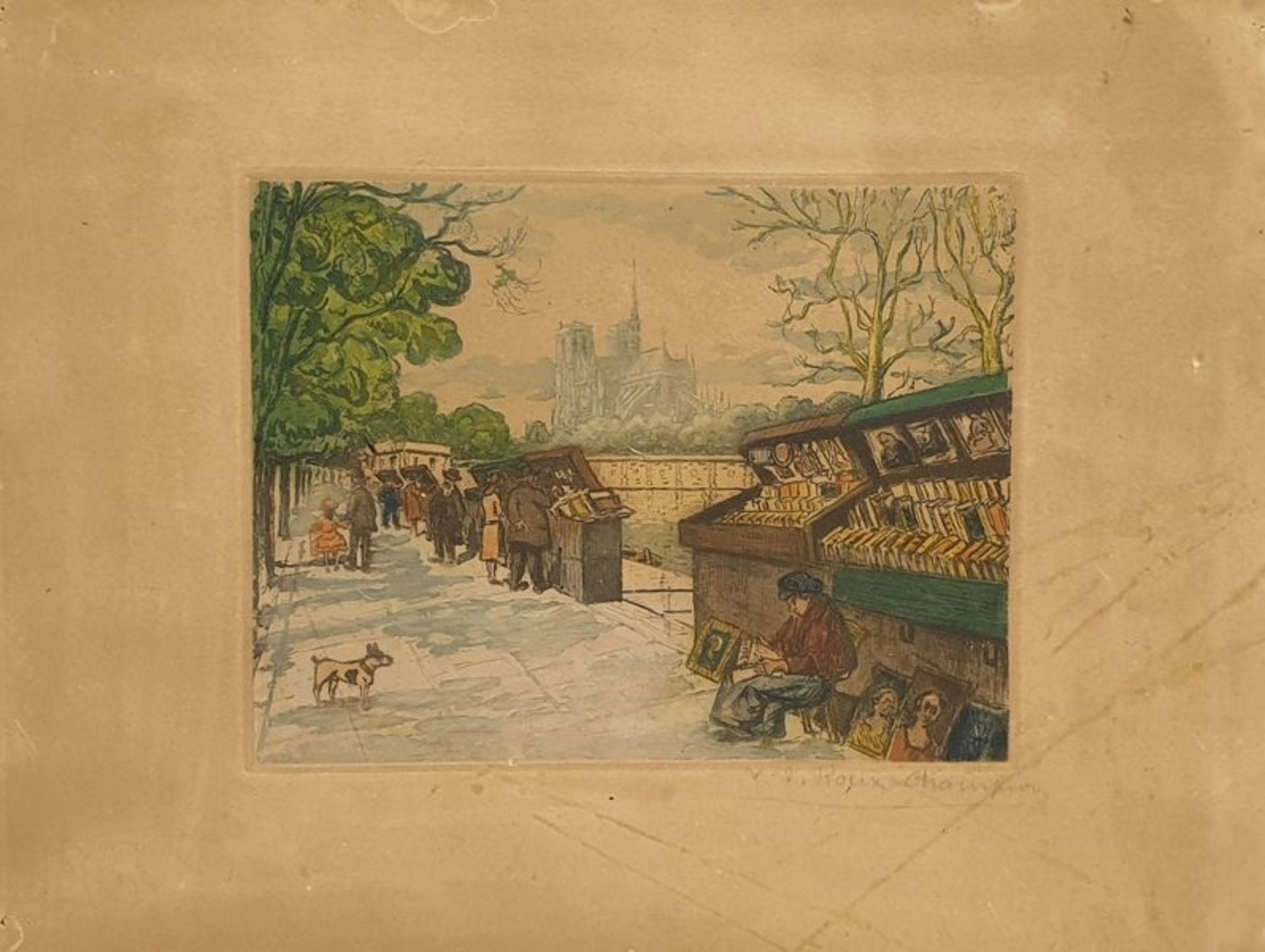 Joseph Victor Roux-Champion (Chaumont 1871-1953 Vars) , kolorierte Radierung, Antiquitätenmarkt an