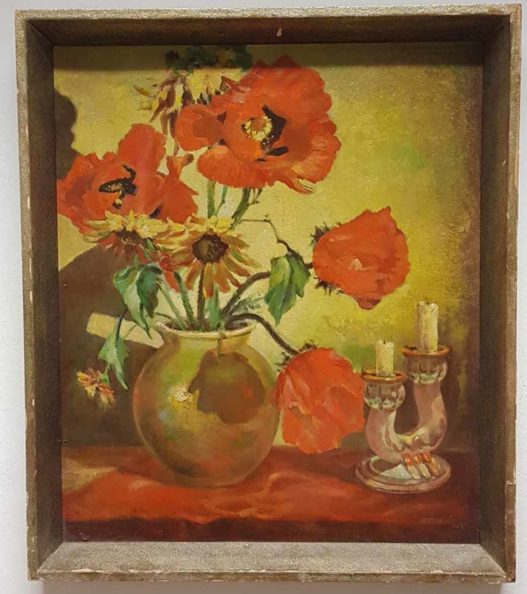 Stecher Martin (Innsbruck 1909-1975), Blumenstilleben , Öl auf Holzplatte , Größe: 49x59cm , Größe - Bild 2 aus 3