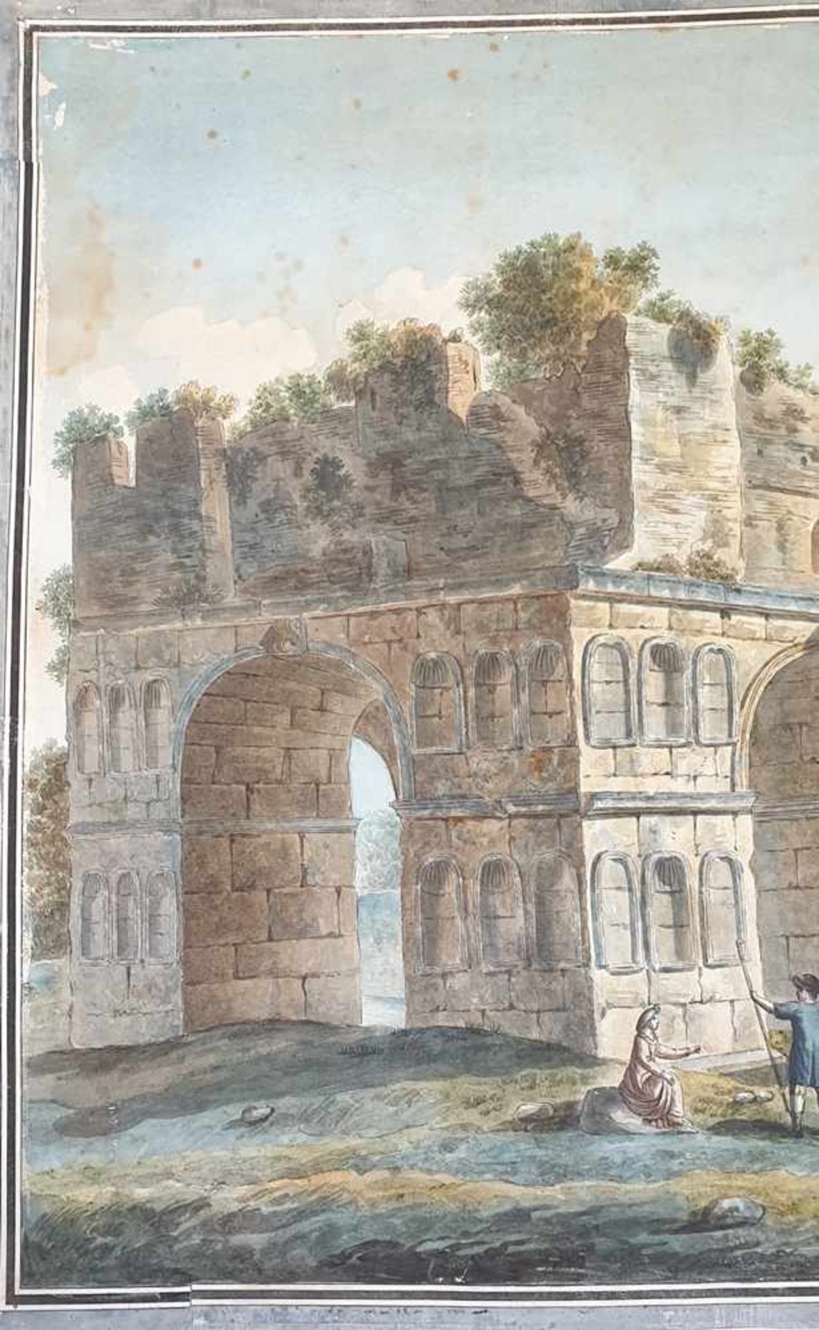 Großes Landschaftsaquarell, Personen vor einer römischen Ruine , 1. Drittel 19.Jhd, Größe :76,5 x 56 - Bild 3 aus 5