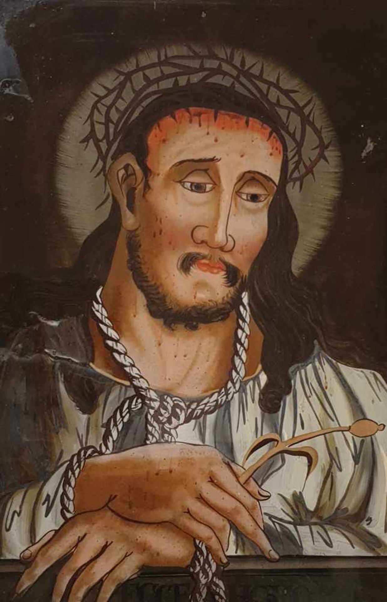 Hinterglasmalerei , Ecce Homo , um 1800 , Oberammergau,gerahmt , Größe: ca. 22,5x30cm - Bild 3 aus 4