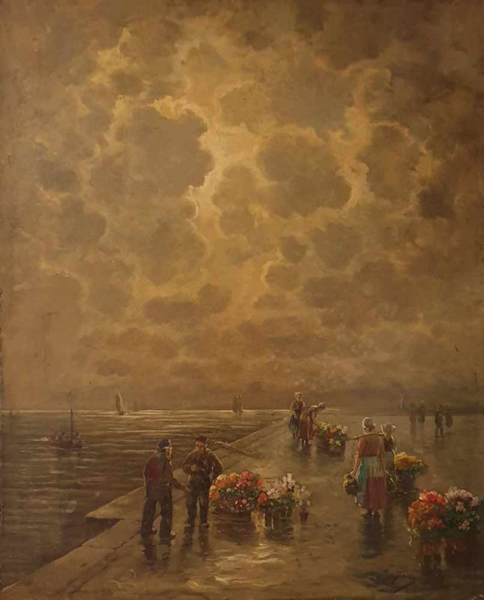 Blumenmarkt am Hafen , Öl auf Leinwand, 2.Hälfte 19. Jahrhundert, unleserlich signiert rechts