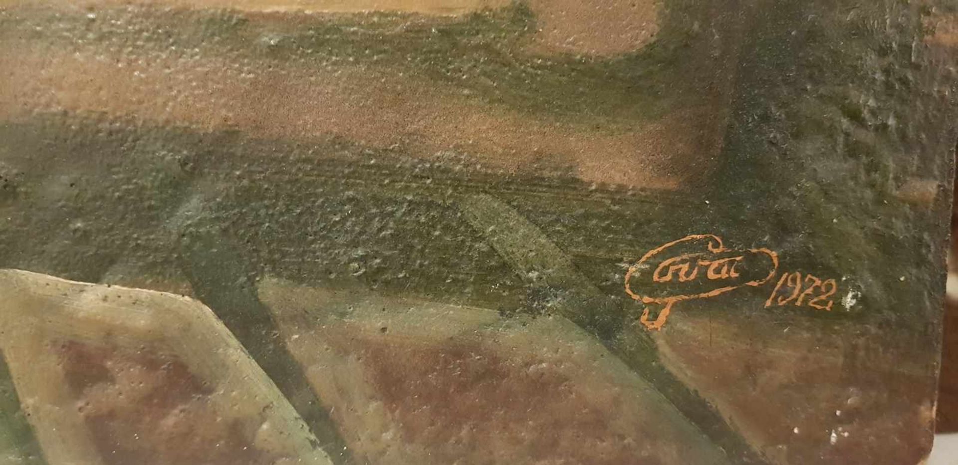Akt im Pferdegestüt, Öl auf Faserplatte ,unleserlich signiert und datiert 1972, Größe: 67x44cm , - Bild 2 aus 2