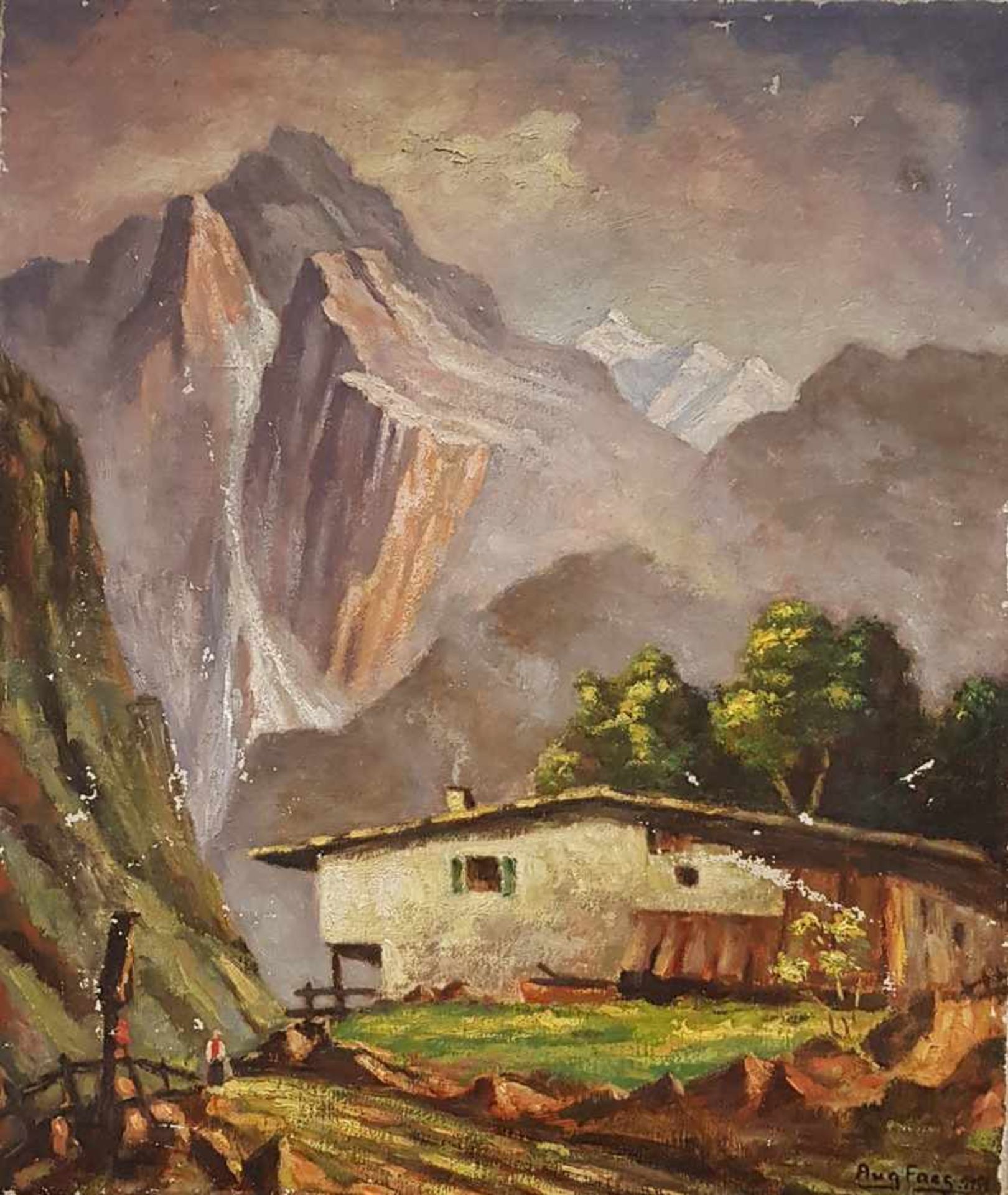 Bermassiv mit Gehöft, Öl auf Leinwand, signiert Aug. Faeg? 1951, Größe: 55x65cm, besch.