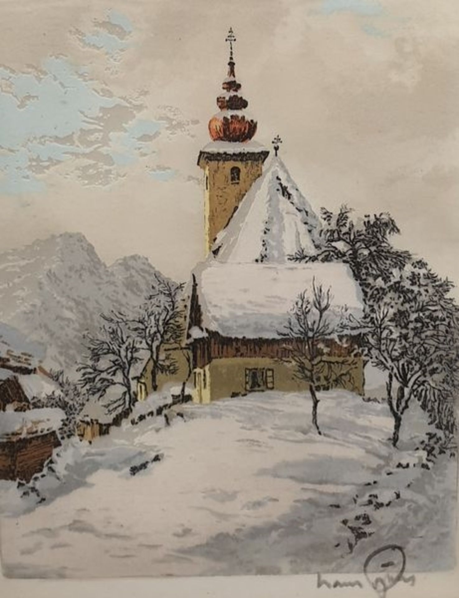 Hans Figura (Wien 1898-1978), Farb Radierung auf Seide, Kirchlein im Winter, rechts unten signiert