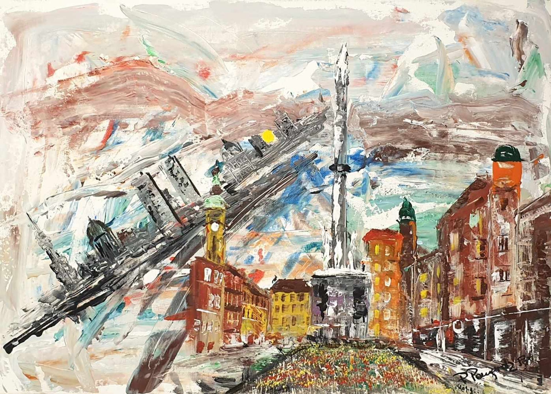 Peter Pongratz , ( Eisenstadt geb . 1940 ) , Ansicht Innsbruck-Wien ,Acryl auf Leinwand ,signiert