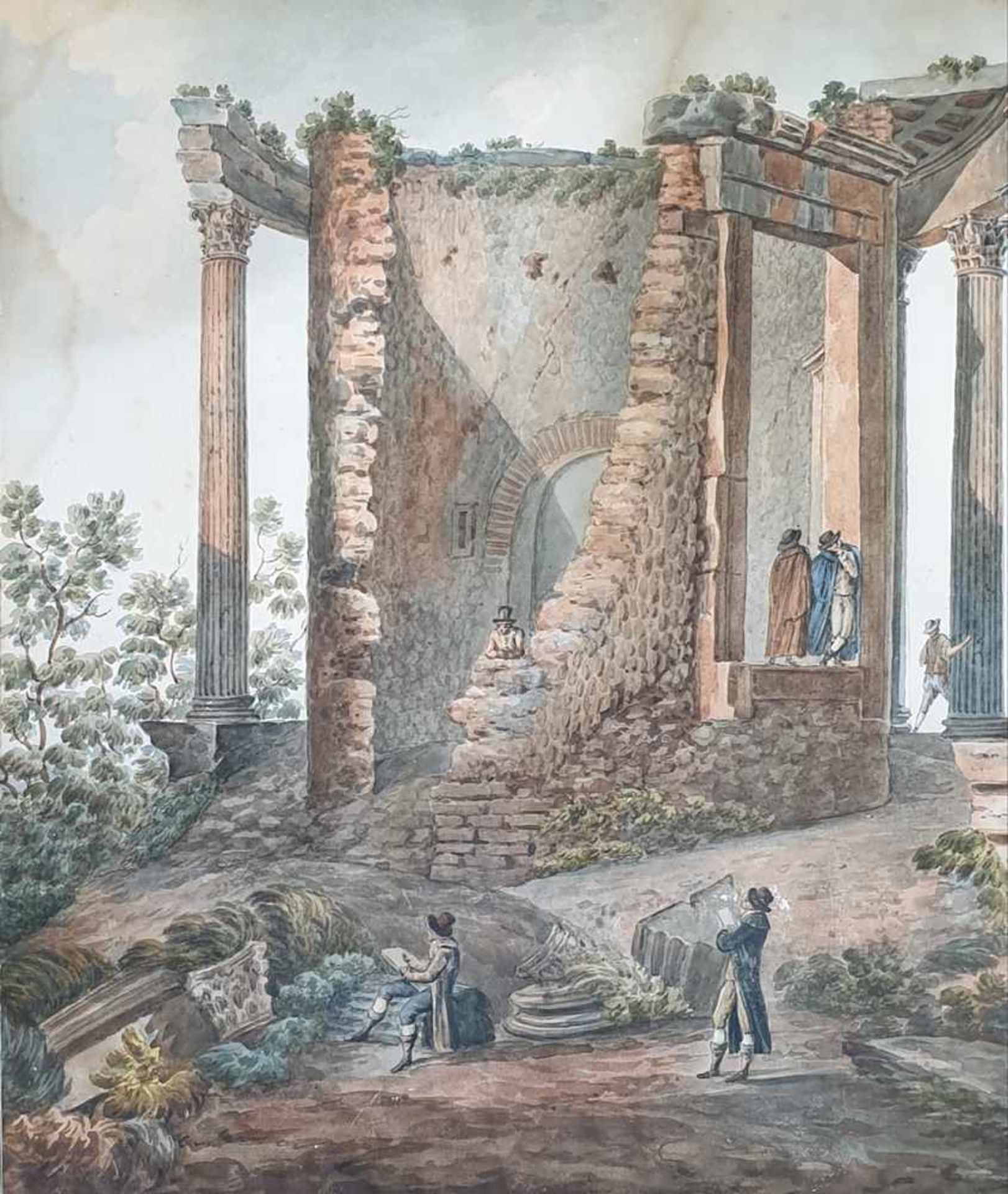 Großes Landschaftsaquarell, Personen vor einer römischen Ruine, 1.Drittel 19.Jhd , Größe: - Bild 2 aus 4