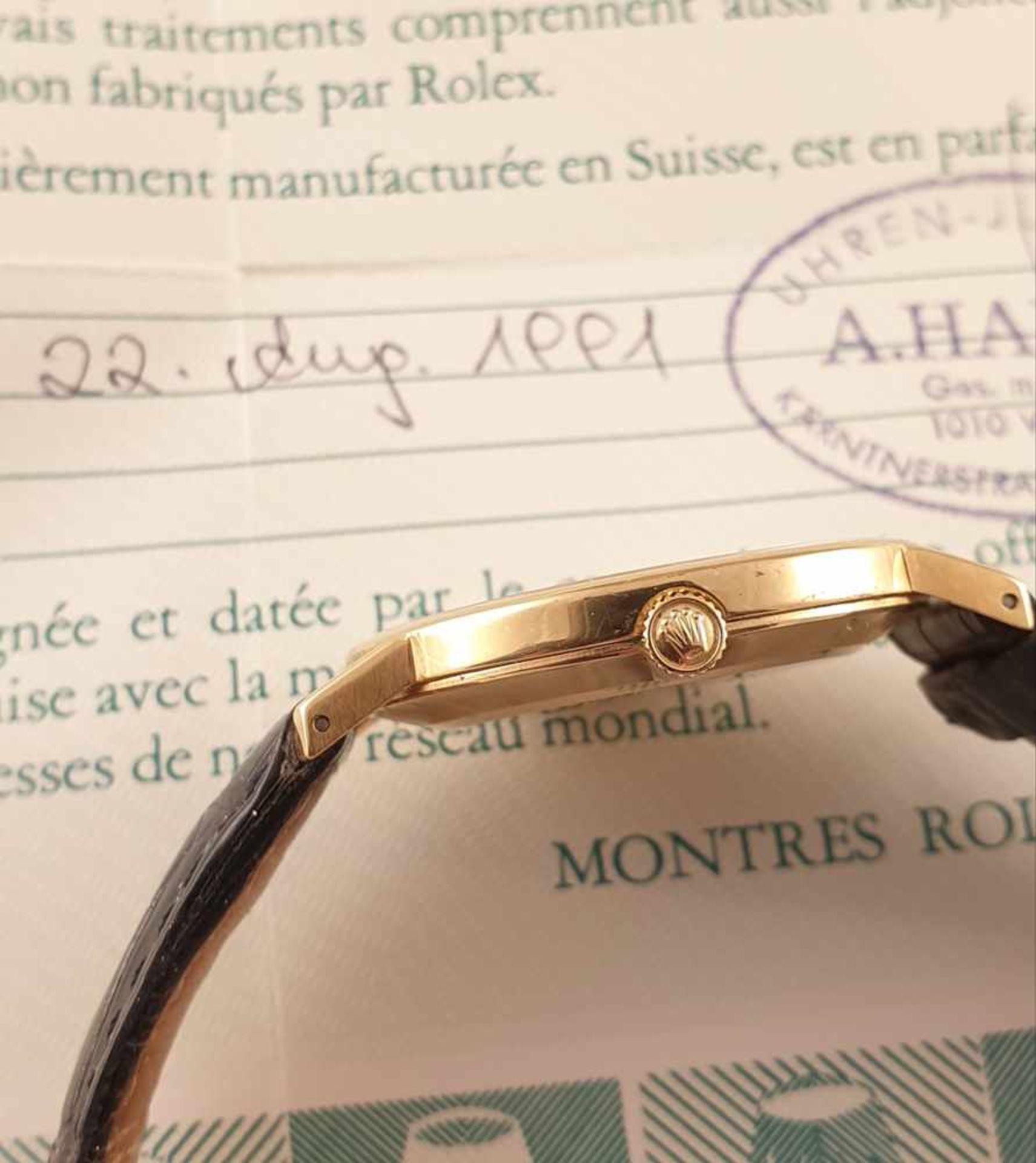 Rolex Cellini,Armbanduhr ,Gold 750, Handaufzug, gelbes Zifferblatt mit römischen Ziffern, - Bild 3 aus 5