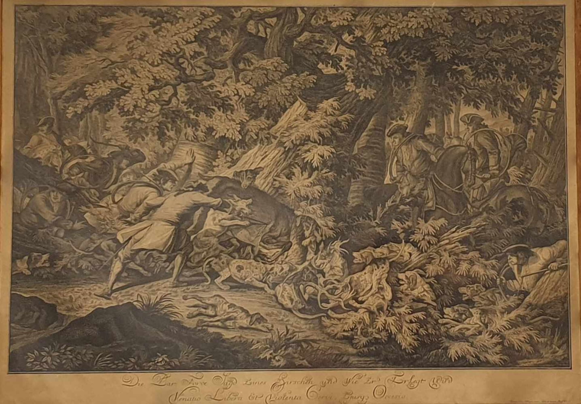Johann Elias Ridinger, Kupferstich , Die Par Force Jagd eines Hirschen 1756 , Größe:Rahmen: 80x60cm, - Image 3 of 4