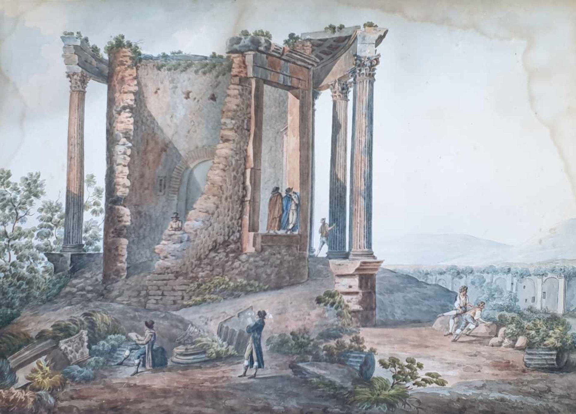 Großes Landschaftsaquarell, Personen vor einer römischen Ruine, 1.Drittel 19.Jhd , Größe:
