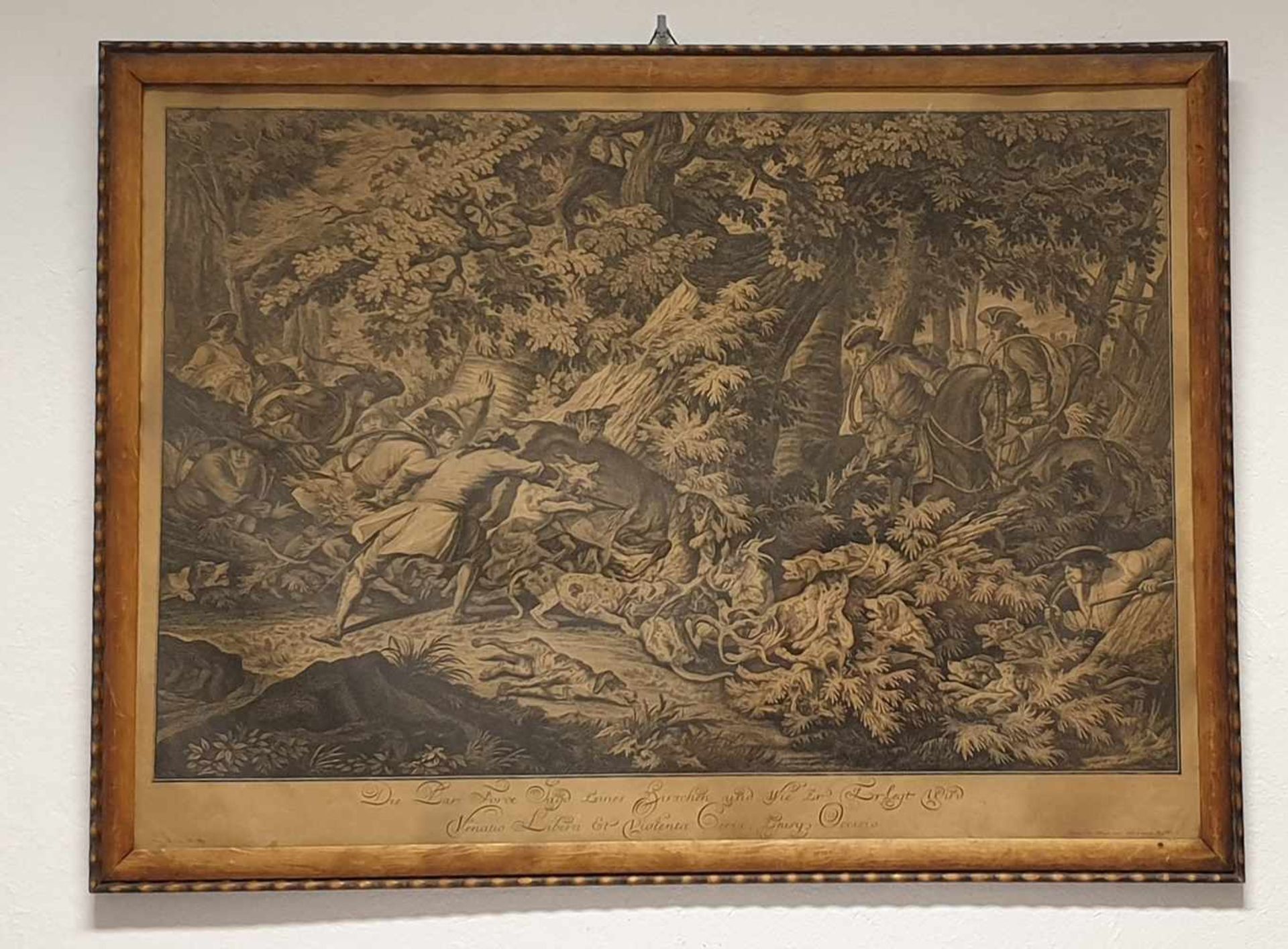 Johann Elias Ridinger, Kupferstich , Die Par Force Jagd eines Hirschen 1756 , Größe:Rahmen: 80x60cm,